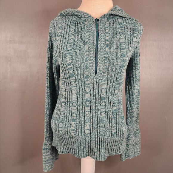 DKNY Jeans Women's Sweater SZ M Hooded 1/2 Zip Pullover Knit  Green Bell Sleeve‎ - Picture 1 of 12